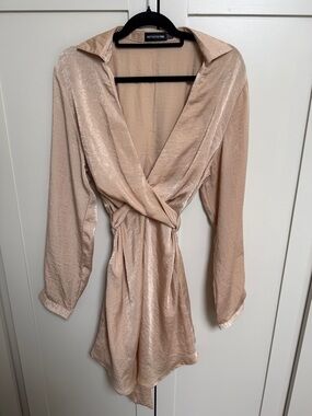 PrettyLittleThing Champagne Beige Satin Mini Wrap Dress